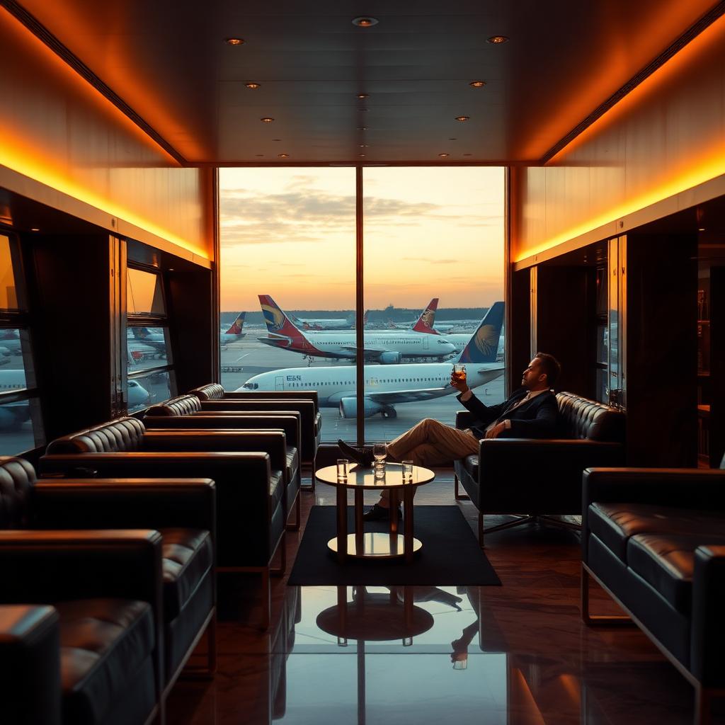 Hombre relajándose en una sala VIP de aeropuerto al atardecer con vistas a aviones